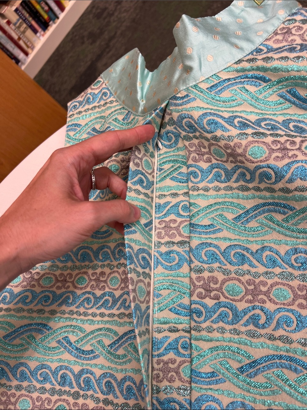 NEW Buru slim swing dress knee length aqua brocade sparkly sleeveless blue gray - Picture 5 of 11